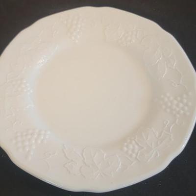 Grape milk glass plates, Dublin carafe, plus