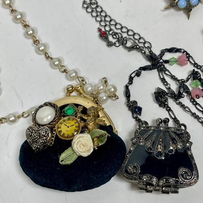 Vintage Costume Jewelry - little purse pendants, antique star pin, clip-on earrings, etc