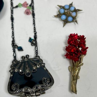 Vintage Costume Jewelry - little purse pendants, antique star pin, clip-on earrings, etc