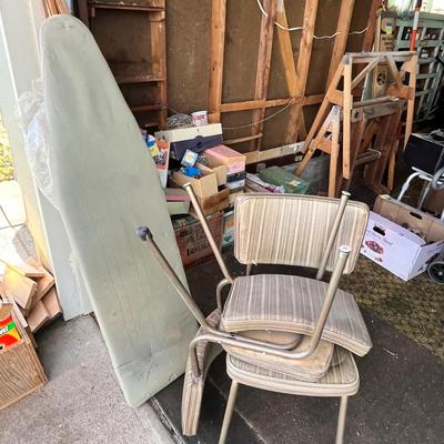 Lot 364 Wood Ironing board & kitchen chairs