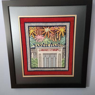Lot of 2 New York Yankees Art Handmade Needlepoint Yankee Stadium + 1 Sign