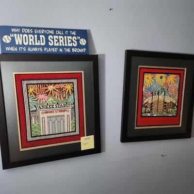 Lot of 2 New York Yankees Art Handmade Needlepoint Yankee Stadium + 1 Sign