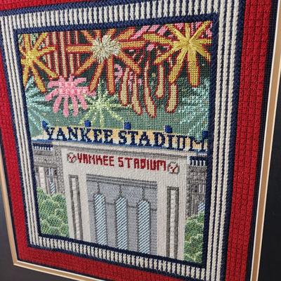 Lot of 2 New York Yankees Art Handmade Needlepoint Yankee Stadium + 1 Sign