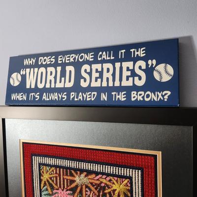 Lot of 2 New York Yankees Art Handmade Needlepoint Yankee Stadium + 1 Sign