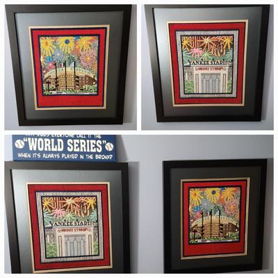 Lot of 2 New York Yankees Art Handmade Needlepoint Yankee Stadium + 1 Sign