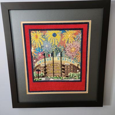 Lot of 2 New York Yankees Art Handmade Needlepoint Yankee Stadium + 1 Sign