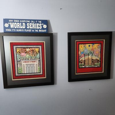 Lot of 2 New York Yankees Art Handmade Needlepoint Yankee Stadium + 1 Sign