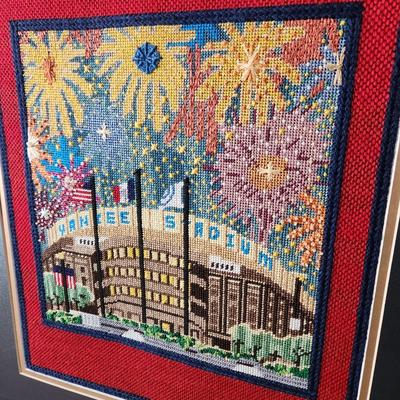 Lot of 2 New York Yankees Art Handmade Needlepoint Yankee Stadium + 1 Sign