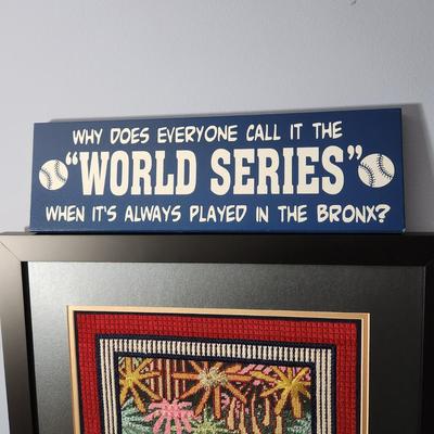 Lot of 2 New York Yankees Art Handmade Needlepoint Yankee Stadium + 1 Sign