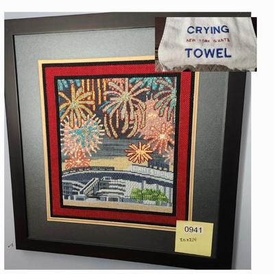 Framed Handmade Needlepoint New York Giants Stadium and Hand Stitched Crying Towel