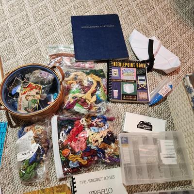 Collection of Needlepoint Books & Supplies include Longaberger Basket