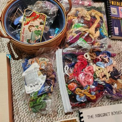 Collection of Needlepoint Books & Supplies include Longaberger Basket