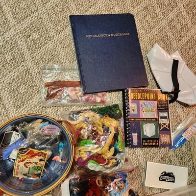 Collection of Needlepoint Books & Supplies include Longaberger Basket