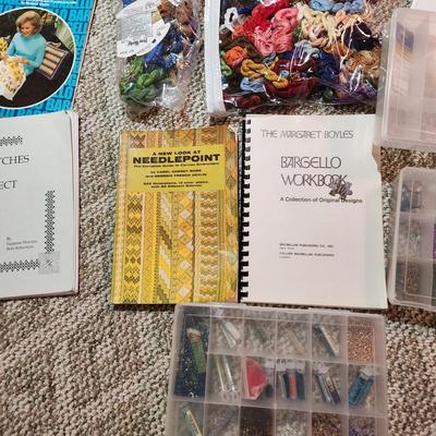 Collection of Needlepoint Books & Supplies include Longaberger Basket