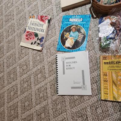 Collection of Needlepoint Books & Supplies include Longaberger Basket