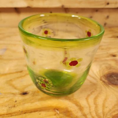 Vintage Green with Flowers Art Glass Bowl