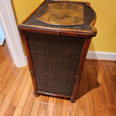 3 Drawer Cabinet side table bamboo w Palms top details 18x14x24