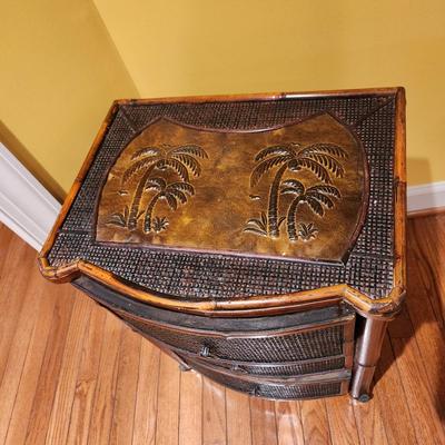 3 Drawer Cabinet side table bamboo w Palms top details 18x14x24