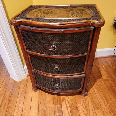 3 Drawer Cabinet side table bamboo w Palms top details 18x14x24