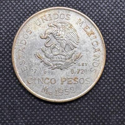1952 Mexico Cinco Pesos Hidalgo .720 Coin Silver