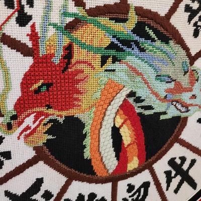 Framed Handmade Chinese Zodiac Dragon Needlepoint 22x22