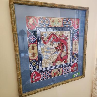 Framed Handmade Red Dragon Needlepoint 23x24