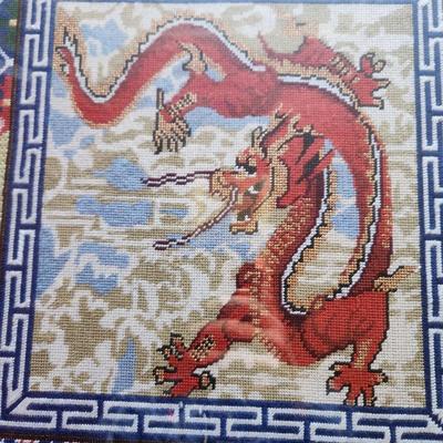 Framed Handmade Red Dragon Needlepoint 23x24