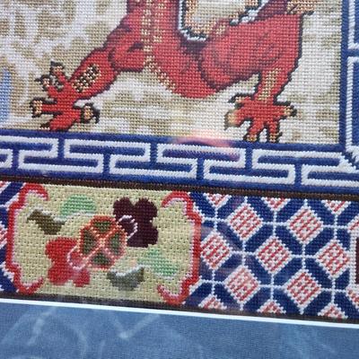 Framed Handmade Red Dragon Needlepoint 23x24