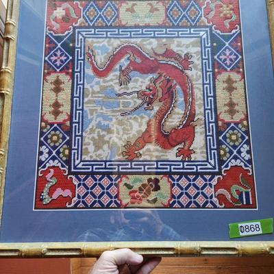 Framed Handmade Red Dragon Needlepoint 23x24