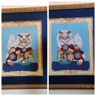Pair Handmade Needlepoint Foo Dog 22x25