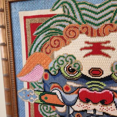 Large Framed Handmade Needlepoint Foo Dog 19x19