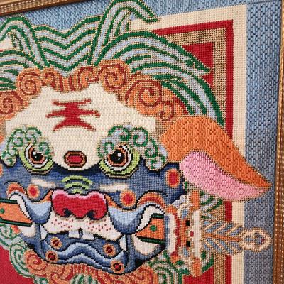 Large Framed Handmade Needlepoint Foo Dog 19x19
