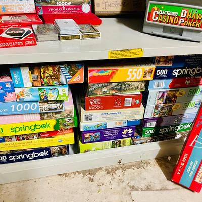Art, game, puzzles and metal shelf lot