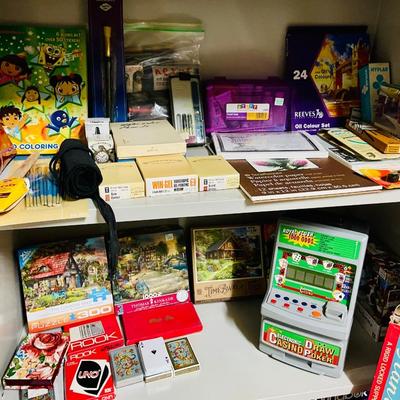 Art, game, puzzles and metal shelf lot