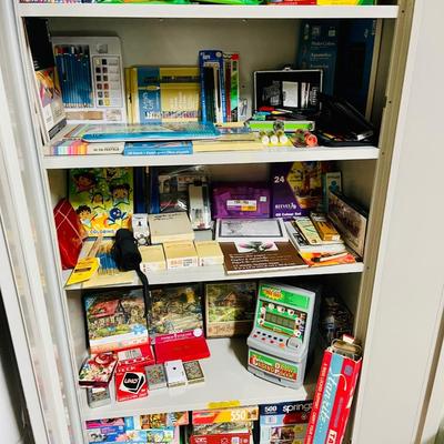 Art, game, puzzles and metal shelf lot