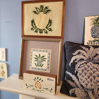 Large Pineapple Lot , Pillows, Coasters, Stick matches holder, Wall Art, Brick, Trash Can, Bowl