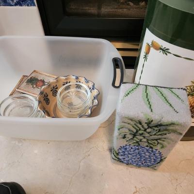 Large Pineapple Lot , Pillows, Coasters, Stick matches holder, Wall Art, Brick, Trash Can, Bowl
