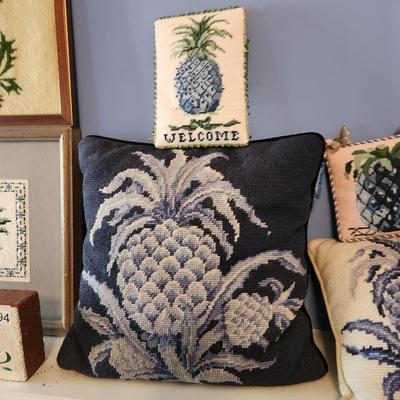 Large Pineapple Lot , Pillows, Coasters, Stick matches holder, Wall Art, Brick, Trash Can, Bowl