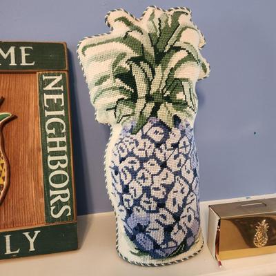 Large Pineapple Lot , Pillows, Coasters, Stick matches holder, Wall Art, Brick, Trash Can, Bowl