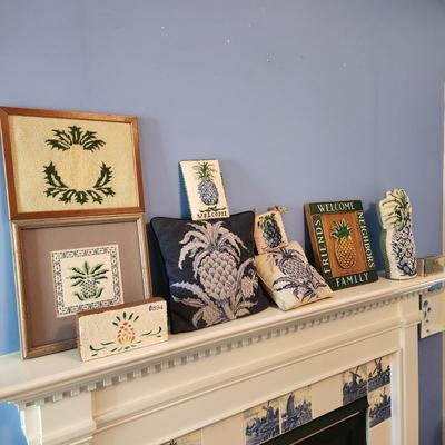 Large Pineapple Lot , Pillows, Coasters, Stick matches holder, Wall Art, Brick, Trash Can, Bowl
