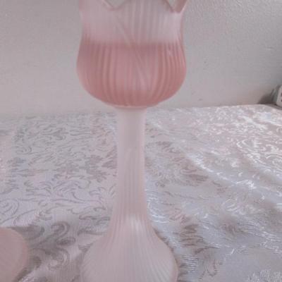 Pair of pale pink tulip candle holders
