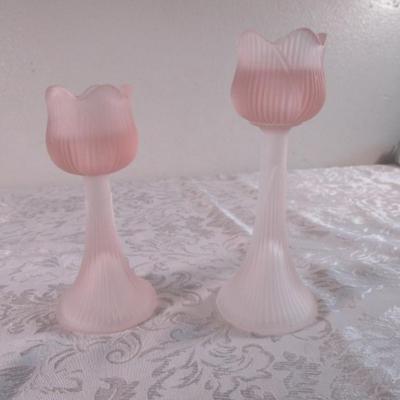 Pair of pale pink tulip candle holders