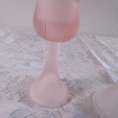 Pair of pale pink tulip candle holders