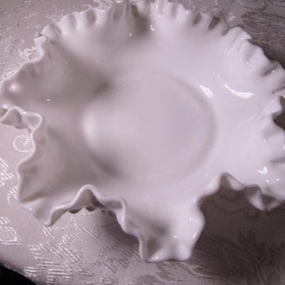 White milk glass ruffled dish