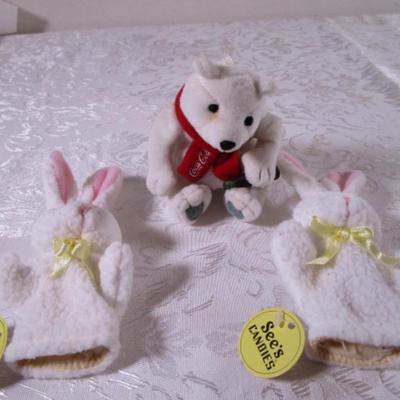 Coca-Cola polar bear, 2 See's candy bunny finger puppets
