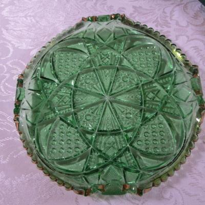 Vintage Green cut glass plate with gold trim
