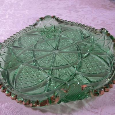 Vintage Green cut glass plate with gold trim