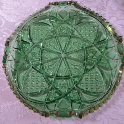 Vintage Green cut glass plate with gold trim