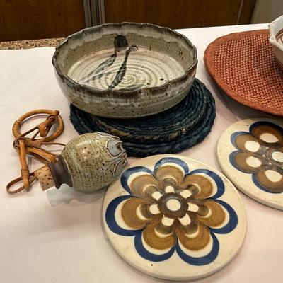 K1045 Lot of Mid Century Trivets, Placemats, Pottery Bowls and more