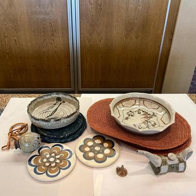 K1045 Lot of Mid Century Trivets, Placemats, Pottery Bowls and more